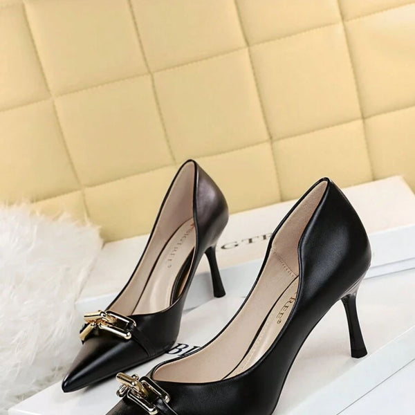 Mony - China  - Chain Decor Point Toe Stiletto Heeled Court Pumps, Fashionable Metal Chain In Smog Blue, Pure Metallic Monochrome High Heels For Women