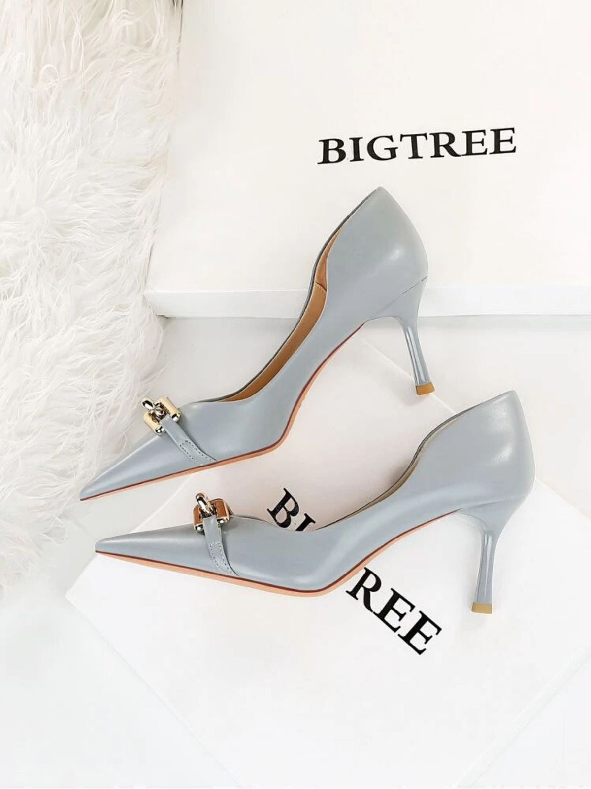 Mony - China  - Chain Decor Point Toe Stiletto Heeled Court Pumps, Fashionable Metal Chain In Smog Blue, Pure Metallic Monochrome High Heels For Women