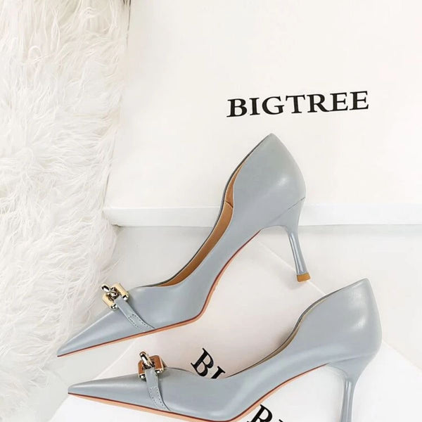 Mony - China  - Chain Decor Point Toe Stiletto Heeled Court Pumps, Fashionable Metal Chain In Smog Blue, Pure Metallic Monochrome High Heels For Women