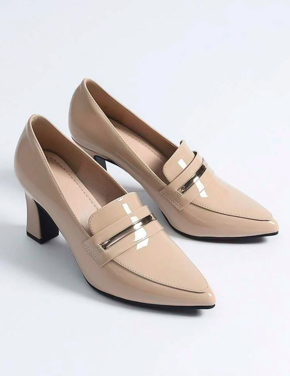 Ony- Women Minimalist Loafers, Artificial Patent Leather Point Toe Chunky Heeled Elegant Pumps