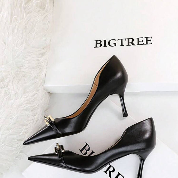 Mony - China  - Chain Decor Point Toe Stiletto Heeled Court Pumps, Fashionable Metal Chain In Smog Blue, Pure Metallic Monochrome High Heels For Women