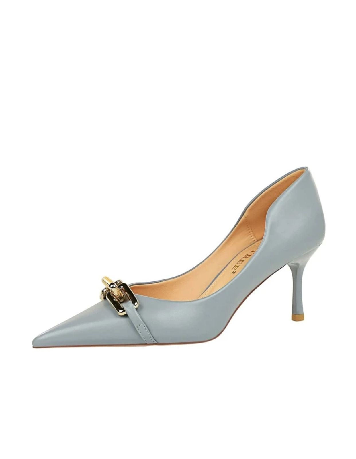 Mony - China  - Chain Decor Point Toe Stiletto Heeled Court Pumps, Fashionable Metal Chain In Smog Blue, Pure Metallic Monochrome High Heels For Women