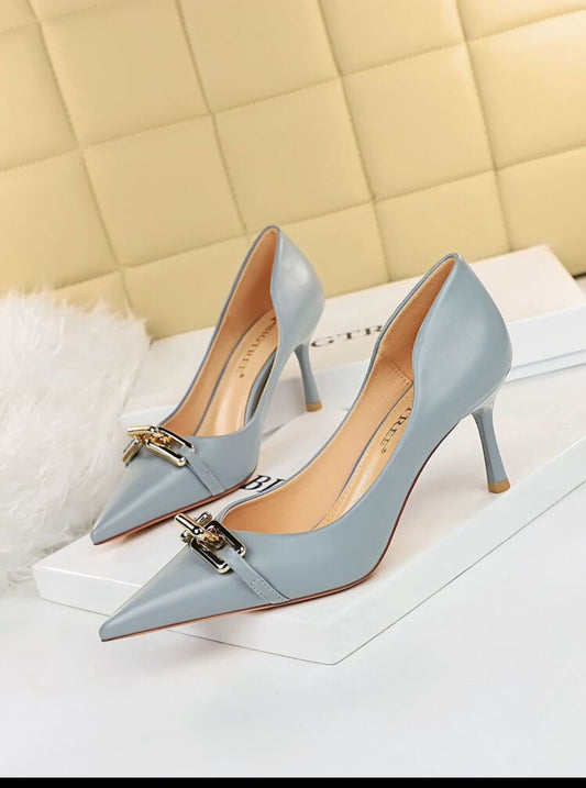 Mony - China  - Chain Decor Point Toe Stiletto Heeled Court Pumps, Fashionable Metal Chain In Smog Blue, Pure Metallic Monochrome High Heels For Women