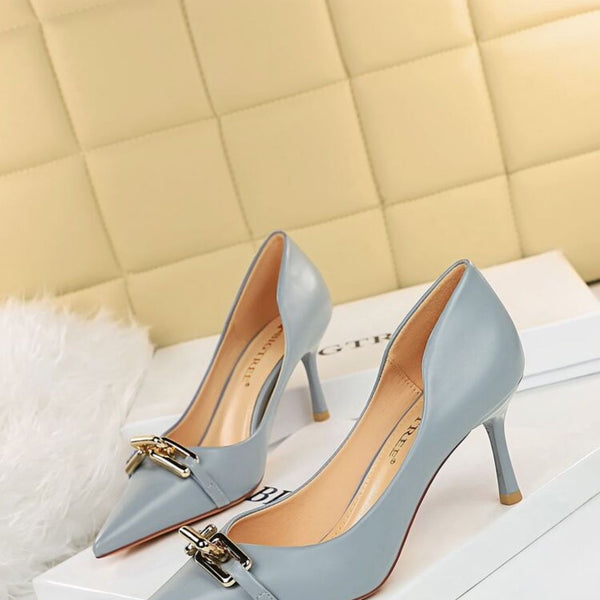 Mony - China  - Chain Decor Point Toe Stiletto Heeled Court Pumps, Fashionable Metal Chain In Smog Blue, Pure Metallic Monochrome High Heels For Women