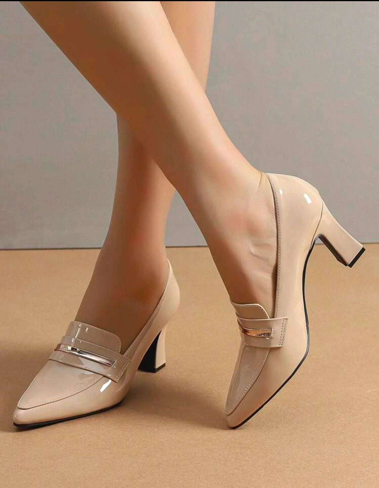 Ony- Women Minimalist Loafers, Artificial Patent Leather Point Toe Chunky Heeled Elegant Pumps