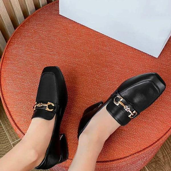 Amiroa - China Women Black Snaffle Decor Flats, Fashionable Square Toe Flat Loafers