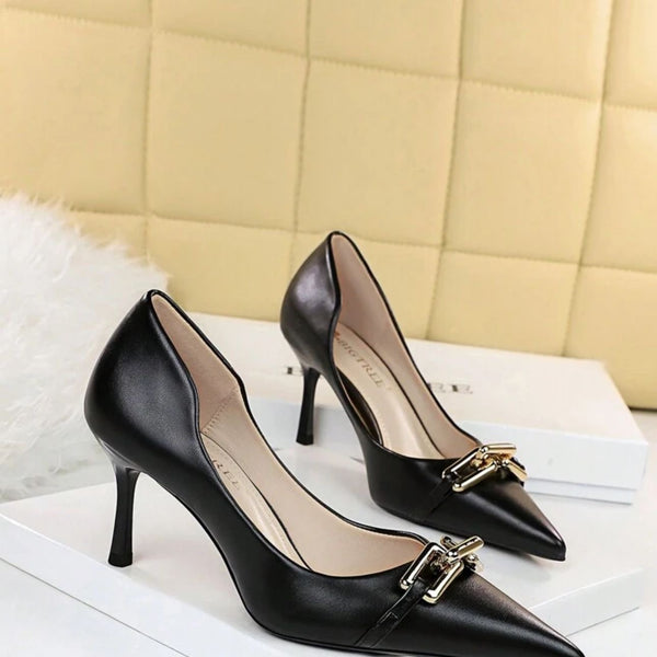 Mony - China  - Chain Decor Point Toe Stiletto Heeled Court Pumps, Fashionable Metal Chain In Smog Blue, Pure Metallic Monochrome High Heels For Women