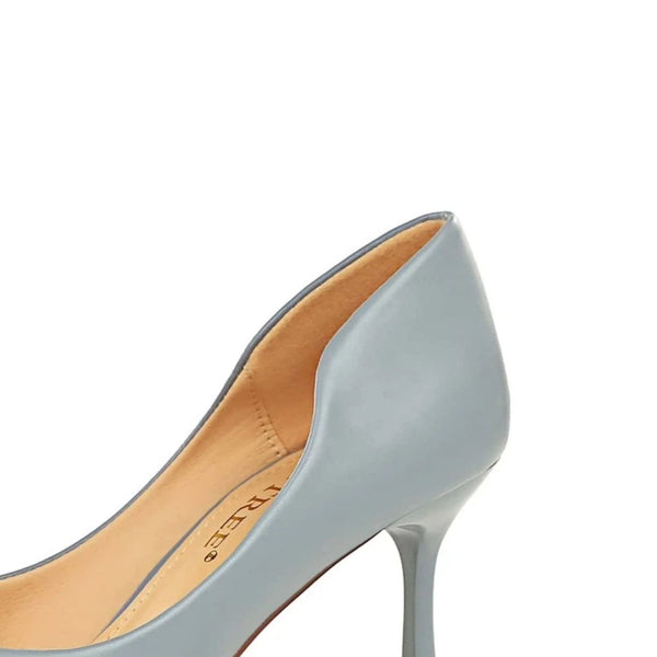 Mony - China  - Chain Decor Point Toe Stiletto Heeled Court Pumps, Fashionable Metal Chain In Smog Blue, Pure Metallic Monochrome High Heels For Women